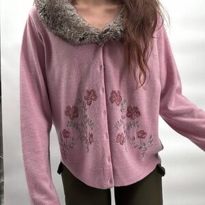 Bandolino Pink Cardigan with Floral Embroidery and Faux Fur Collar